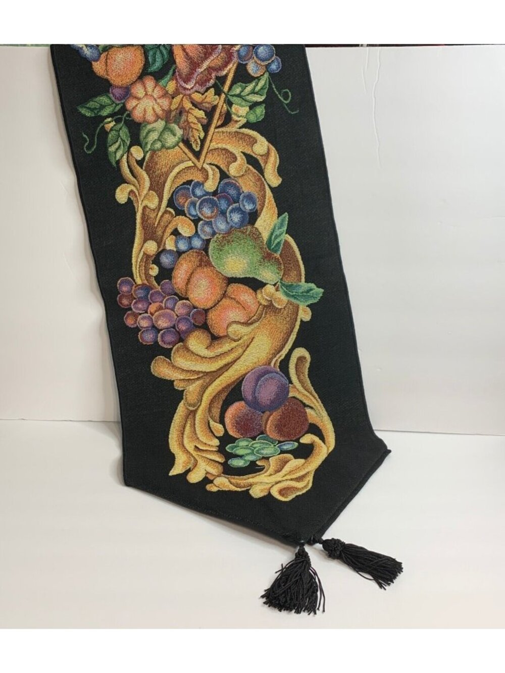 Ambrosia Tapestry Table Runner Fruit Design Black Tassels 13x72 Inches Made USA